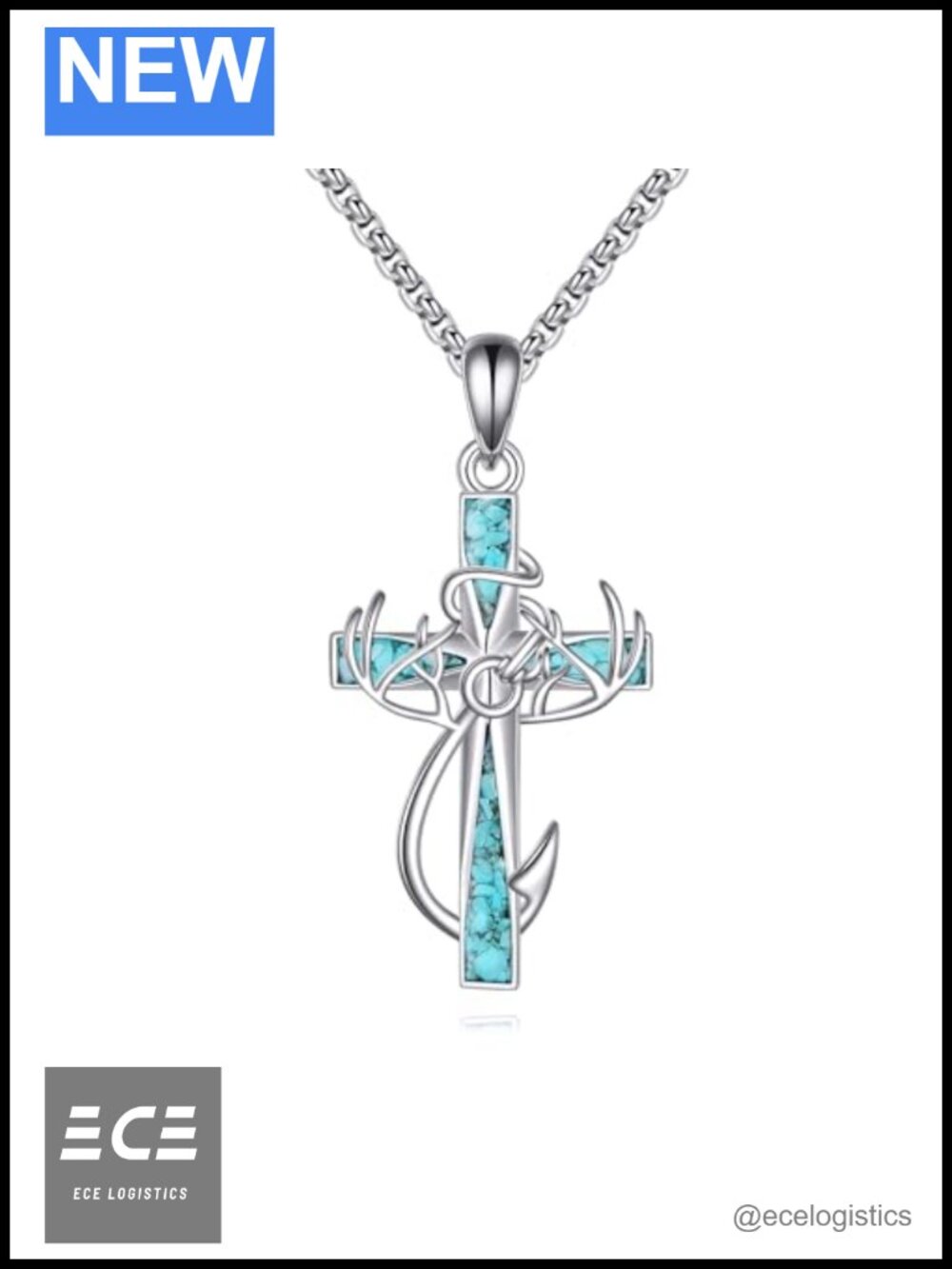 925 Sterling Silver Cross Pendant Necklace Turquoise 24in Stainless Steel
